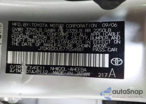 2007 Toyota Prius z USA, uszkodzony, nr VIN JTDKB20U577554881